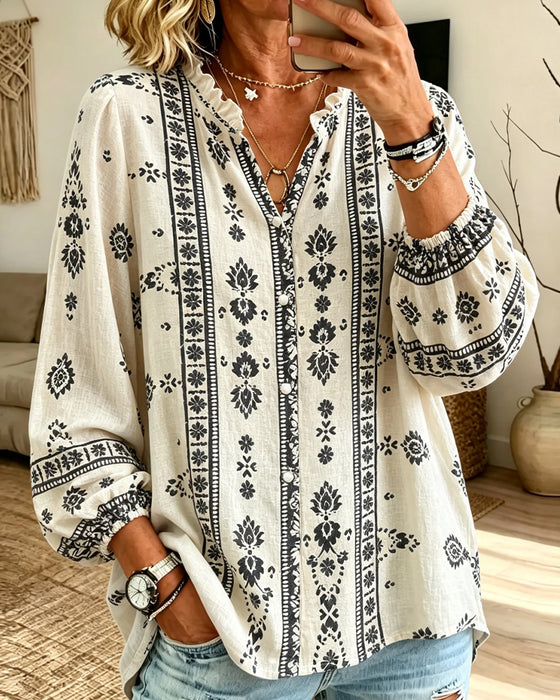 Bluse V-Hals Knipling-Kant Puff-Erme Trykk