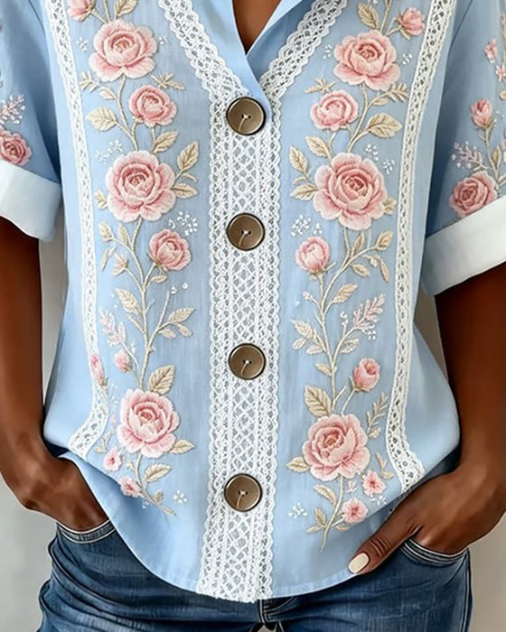 Bluse Rose Treknapp Kortermet