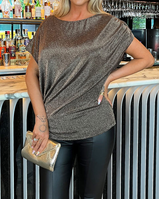 Bluse Rundhalset Rynket Løstsittende Glitrende