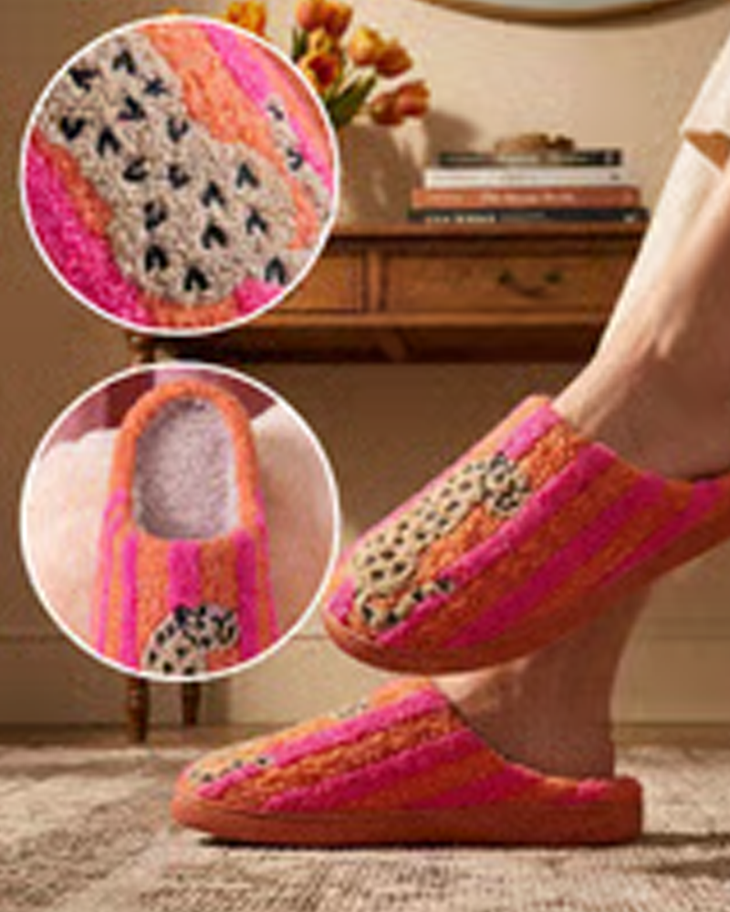 Dame Retro Stripet & Leopard Lodne Tøfler