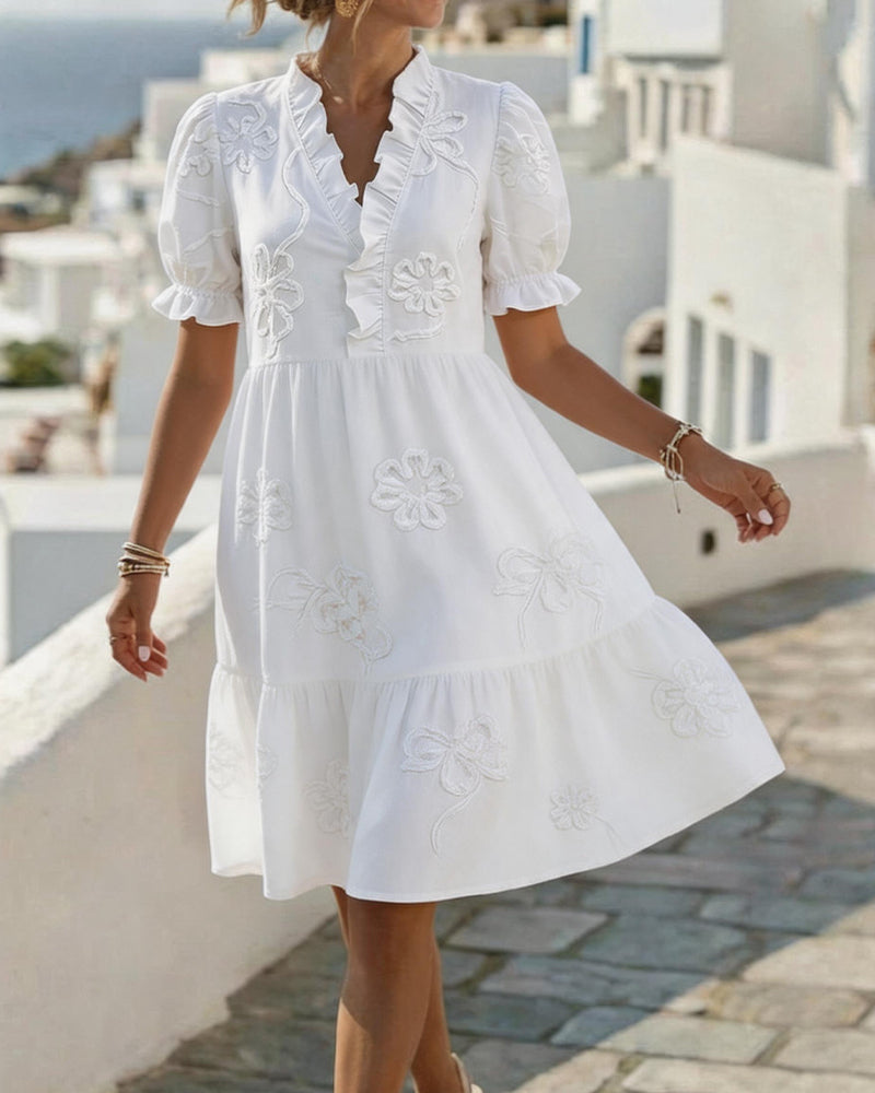 Kjole Puff Kort Erme Blomstret