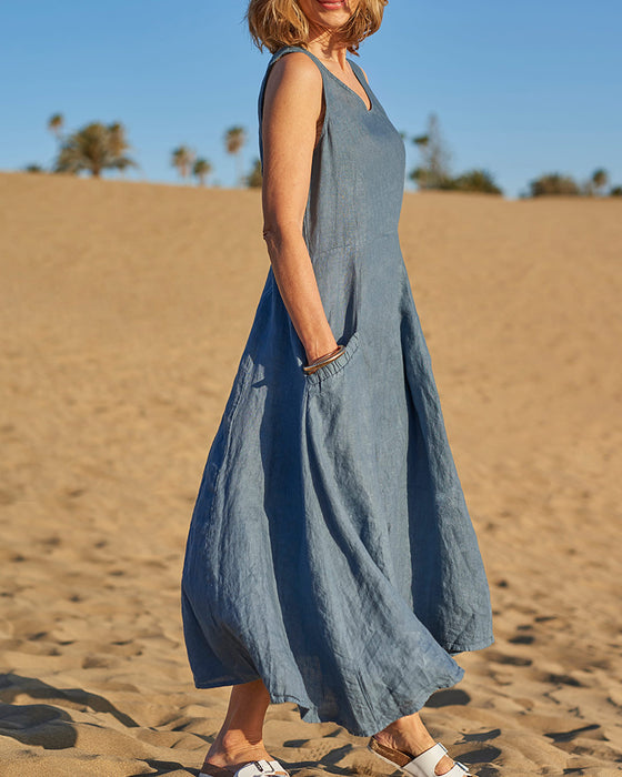 Kjole Ermløs V-hals Lomme Lin