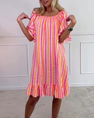 Kjole Rund Hals Stripete Plissért Skiftmodell