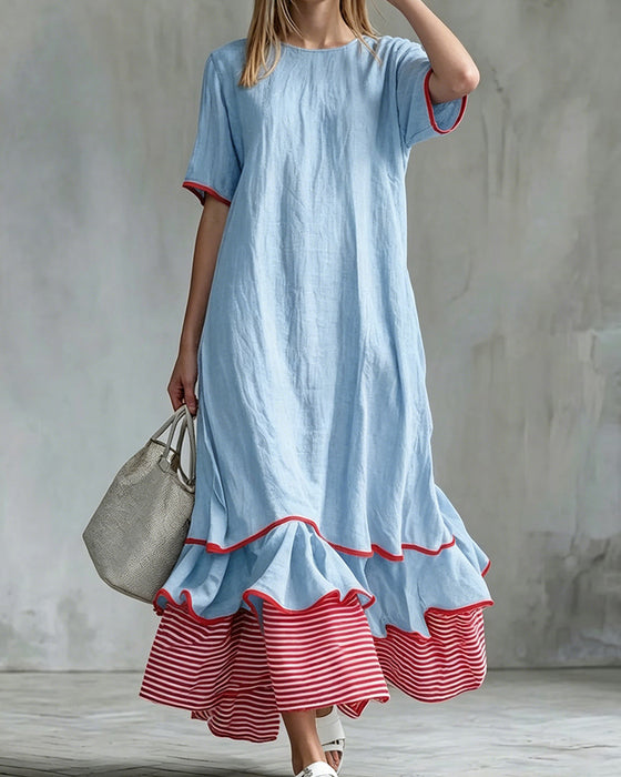 Kjole Fargeblokk Stripe Rynket Maxi