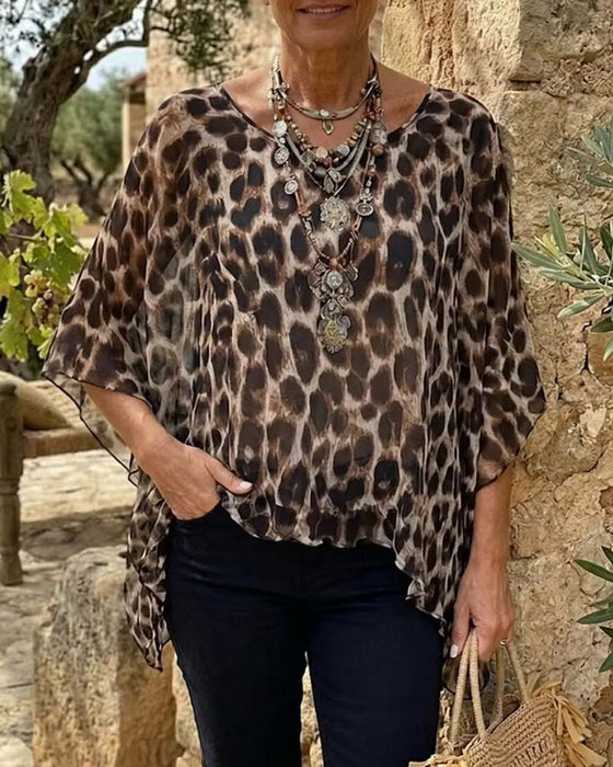 Bluse Leopard Flaggermus-Erme Løs