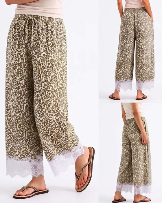 Bukse Elastisk Midje Leopardmønster Blonder Spliced Brede Ben
