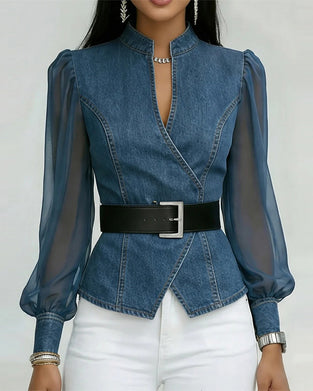 Bluse I Elegant Mesh Og Denim