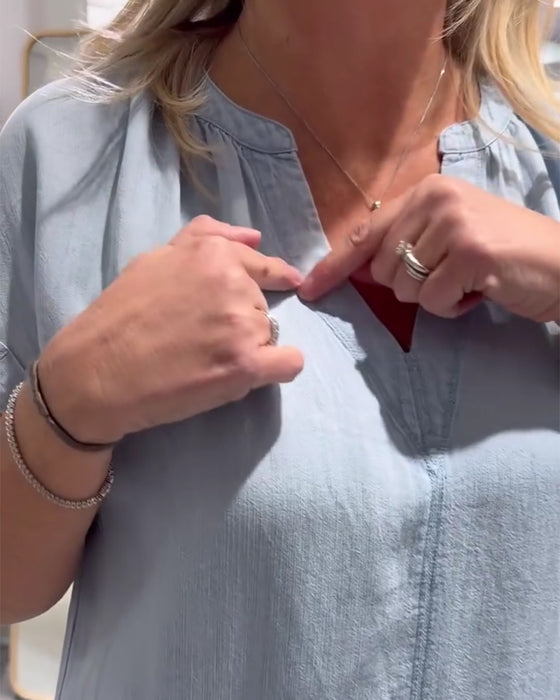 Kjole V-Hals Kort Erme Denim Uformell