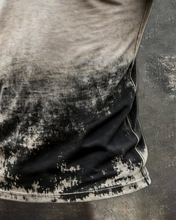 Retro Herretop Med Slitt Utseende, Fargeblokkdesign, V-Hals Og Korte Ermer