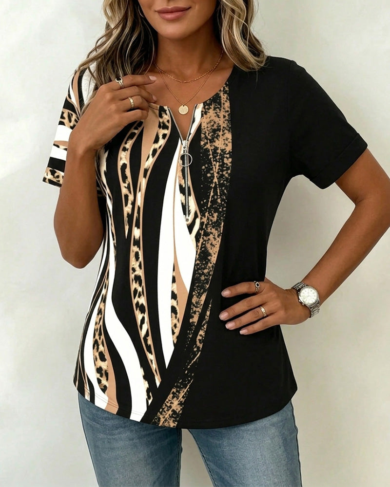 T-Shirt Glidelås Leopard Trykk Fargeblokk Casual
