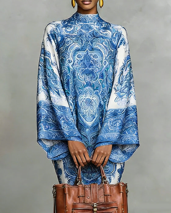 Høyhalset Kjole Med Vintagemønster