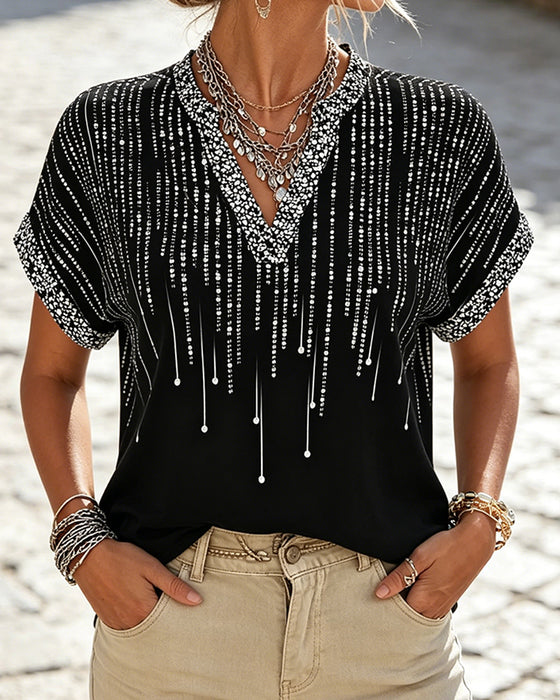 Bluse Off-Skulder V-Hals Trykk