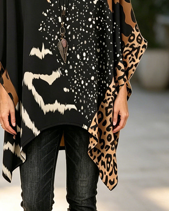 Bluse Rund Hals Leopardmønster Paljetter Patchwork