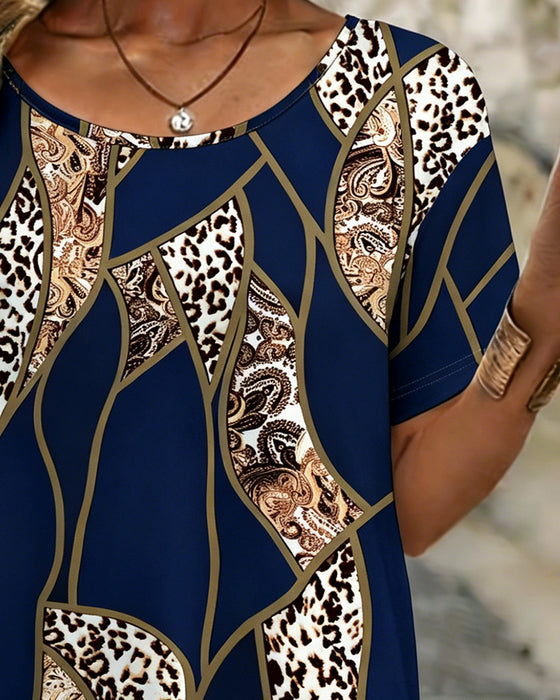 T-Shirt Uregelmessig Geometrisk Leopard Trykk