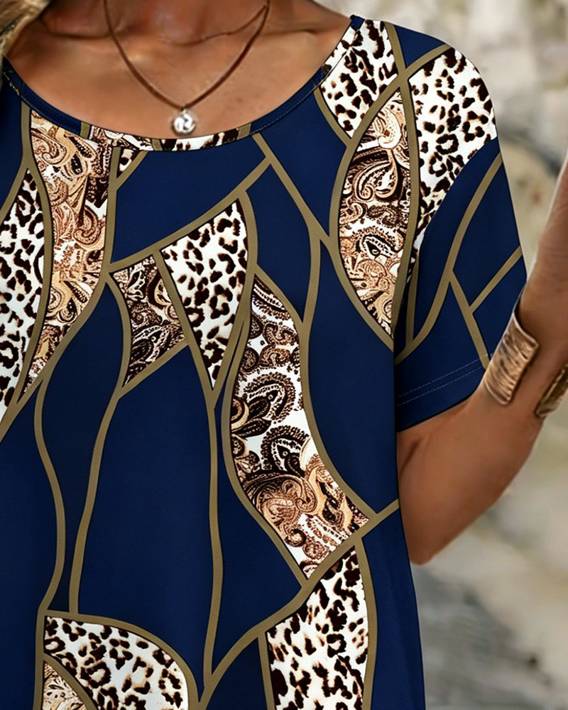 T-Shirt Uregelmessig Geometrisk Leopard Trykk