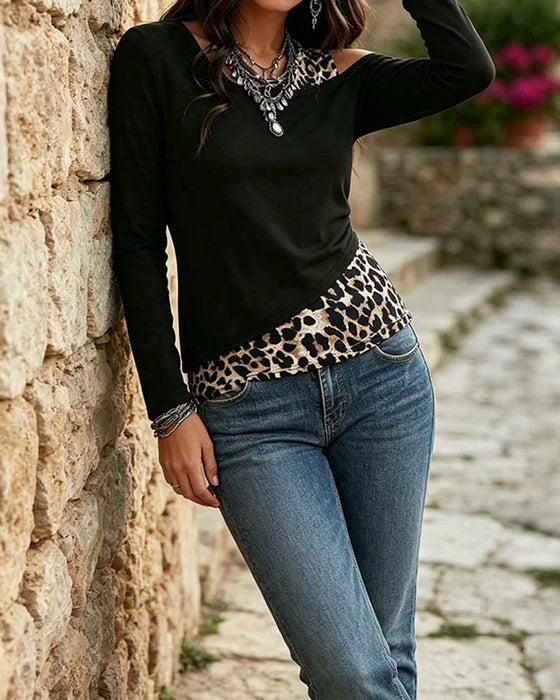 Bluse Rund Hals Leopard Panel Off-Skulder