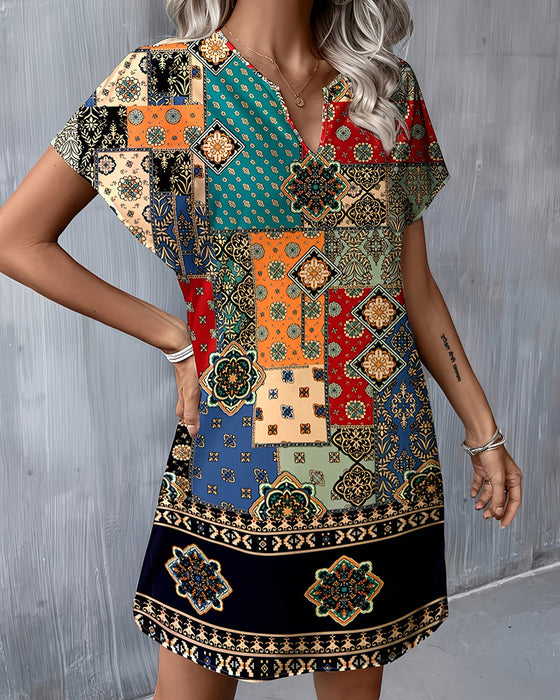 Kjole Etnisk Fargeblokk Kort Erm