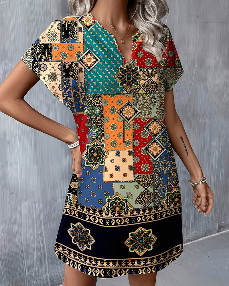 Kjole Etnisk Fargeblokk Kort Erm