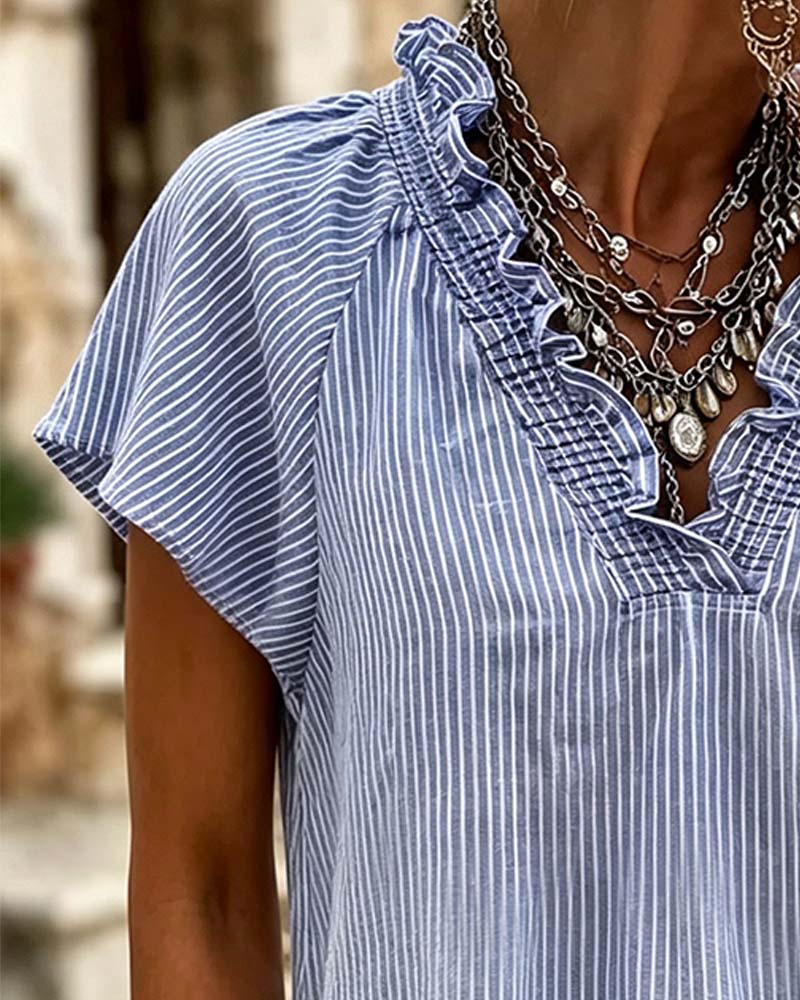 Bluse V-Hals Stripe Ruffle
