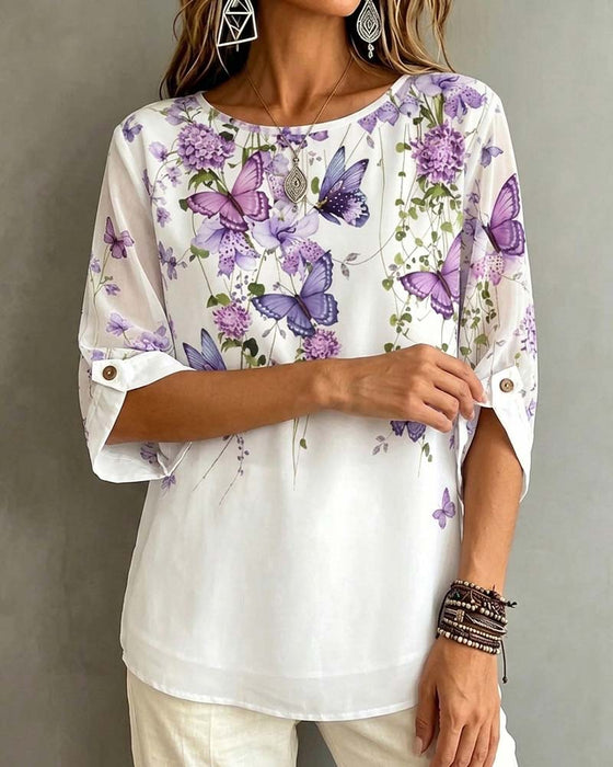 Bluse Rundhalset Sommerfugl Blomstret