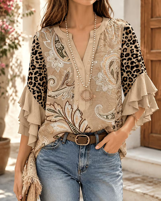 Bluse Leopard Trykk Panel Ruffle Erme