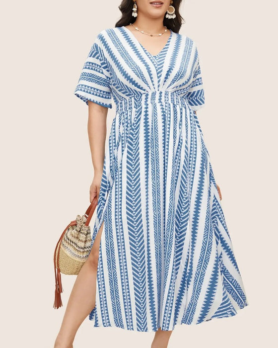 Kjole Dyp V Blå Hvit Geometrisk Stripe Midje