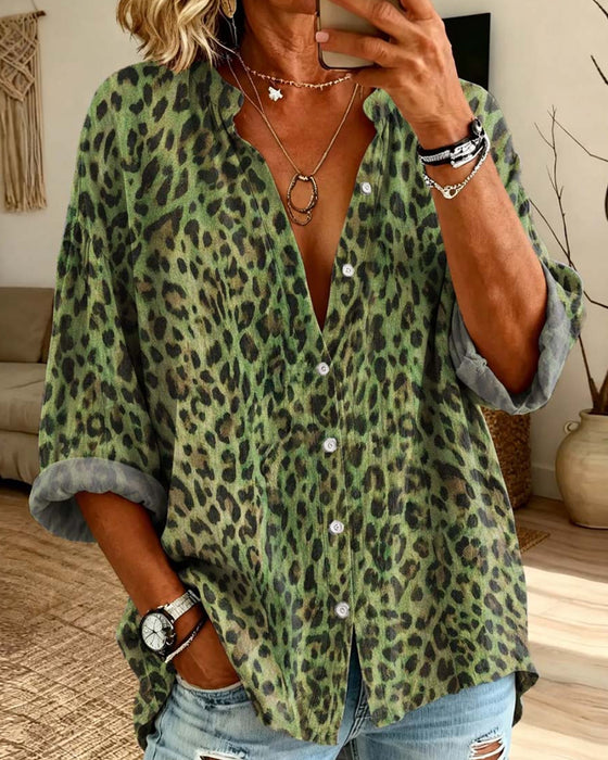Skjorte V-Hals Knapp Leopard Lang Erme