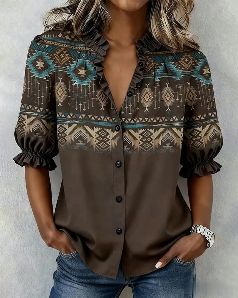 Blus Western Stil Printed Volang Korte Ærmer