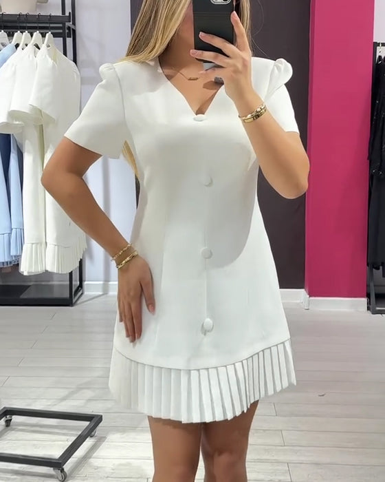 Kjole Ensfarget Elegant V-Hals Plissert