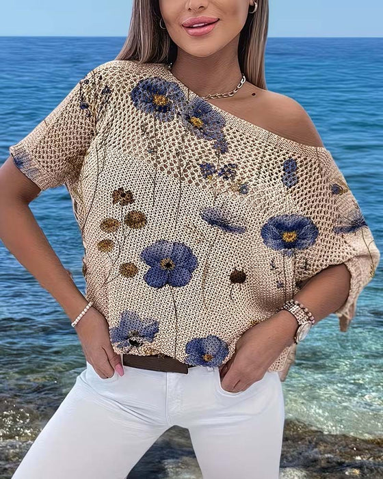 Pullover Rund Hals Blomstret Uthuling Løs