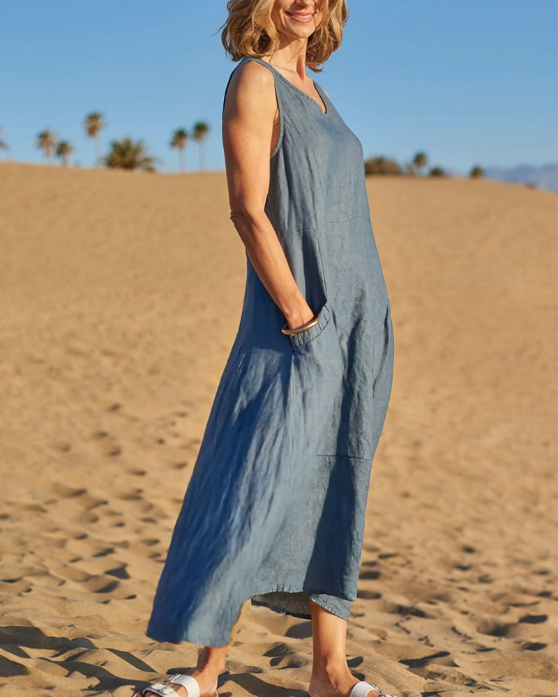 Kjole Ermløs V-hals Lomme Lin