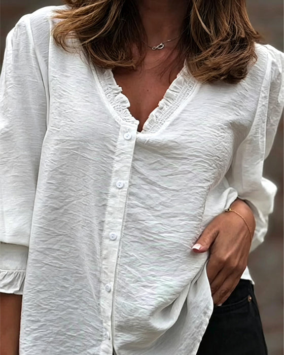 Bluse V-Hals Knapp Foran Ruffle Puffererme