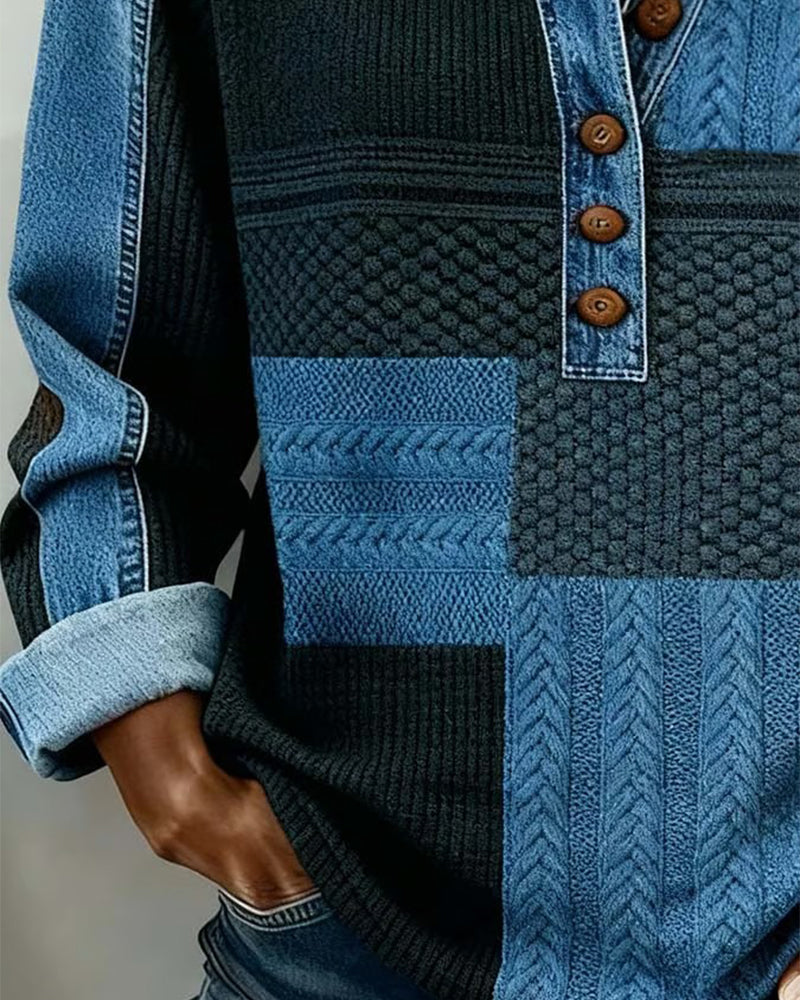 Trykt Sweatshirt Med Lange Ermer Og Knappeskjortekrage