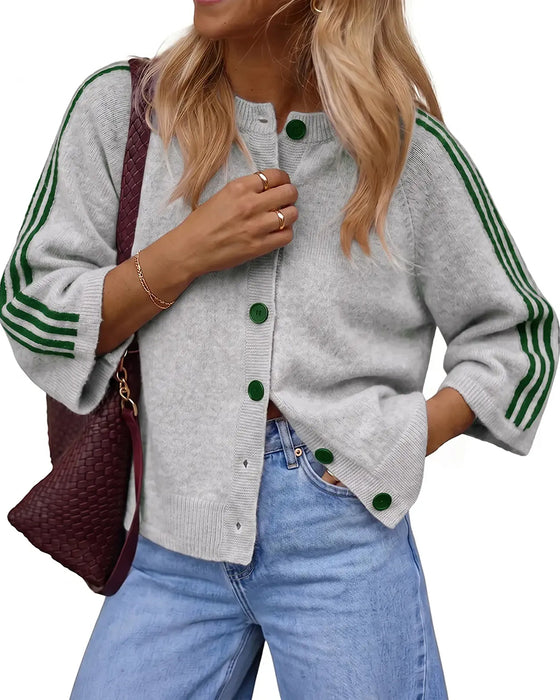 Cardigan Stripet 3/4 Erme Knapp