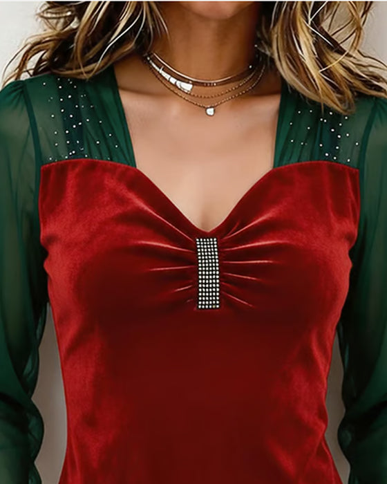 Bluse V-Hals Rynket Nett Fargeblokk Slim Passform