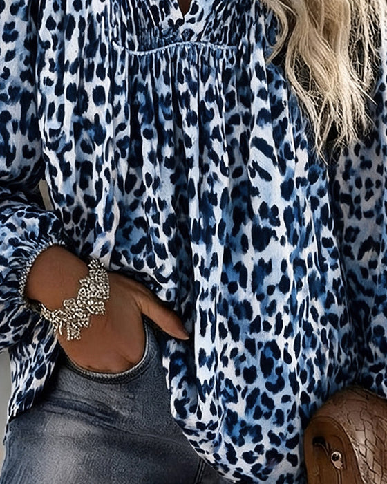 Bluse V-Hals Leopard Trykk Rynket Pufferme