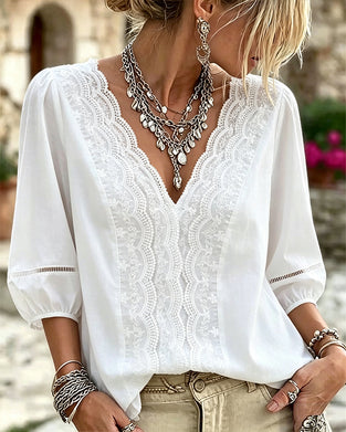Bluse V-Hals Trekvarterme Blonder Patchwork