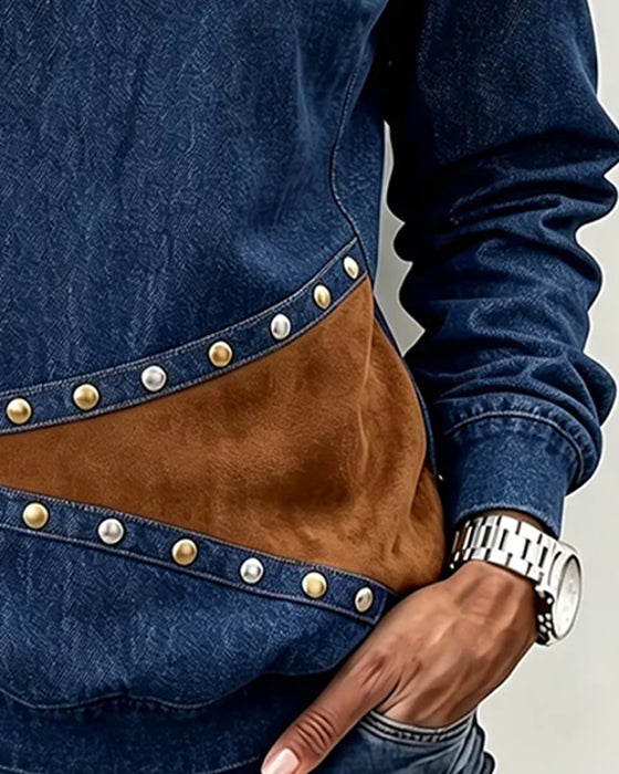 Topp Rund Hals Denim Spliced Fargeblokk