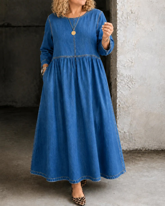 Kjole Rund Hals Plissert Lang Erme Denim