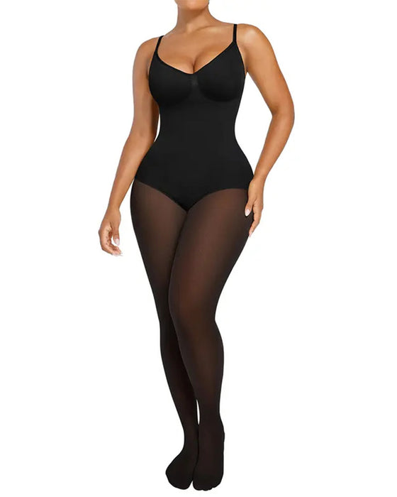 Gjennomsiktig Panel Med Fleeceforet Tights Stay-Warm Magekontroll Sheer Effekt Tights Bodysuit Svart Basic