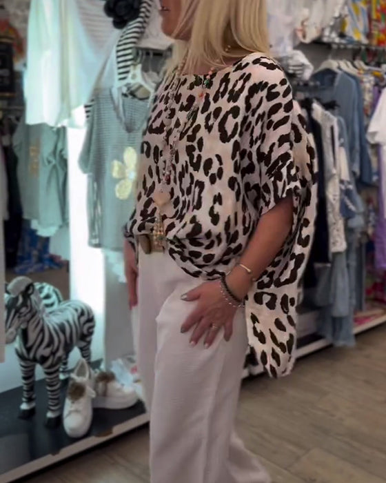 Bluse Med Rund Hals Leopardmønster Løs