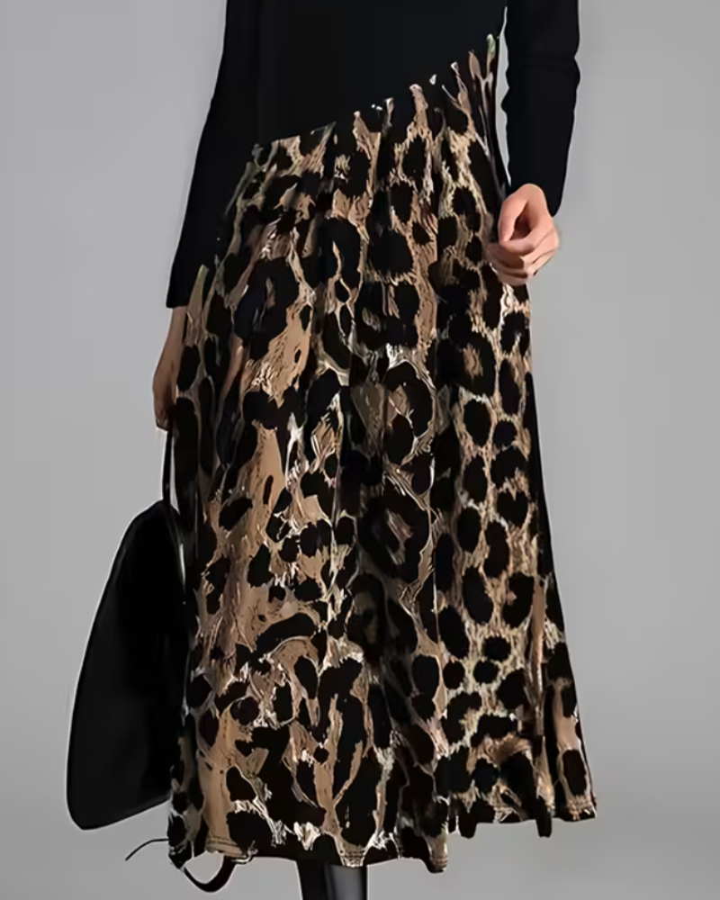 Kjole Rundhalset Leopard Full Skjørt