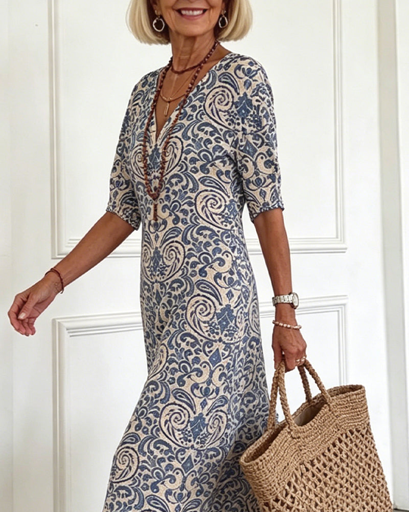 Kjole Vintage Blomstermønster V-Hals Maxi