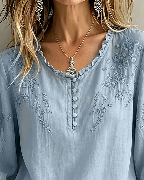Bluse Broderi 3/4-Erm Ensfarget