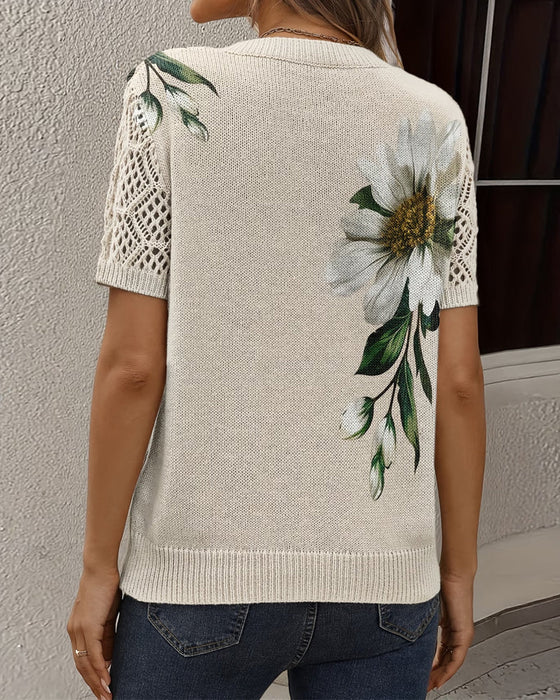 Pullover V-Hals Strikket Blomstret