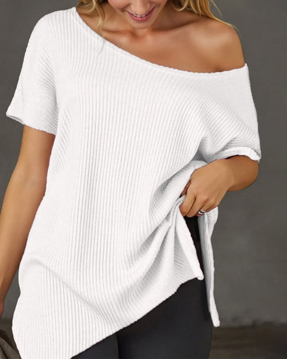 T-Shirt Uregelmessig Off-Shoulder Kort Erme Ribbet