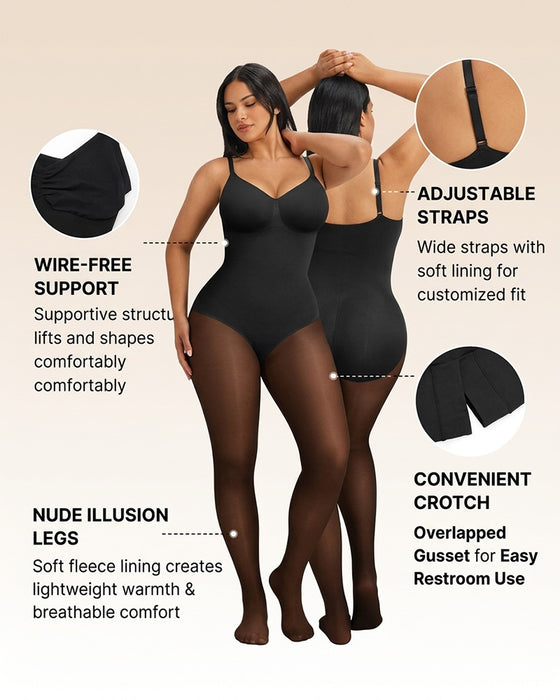 Gjennomsiktig Panel Med Fleeceforet Tights Stay-Warm Magekontroll Sheer Effekt Tights Bodysuit Svart Basic