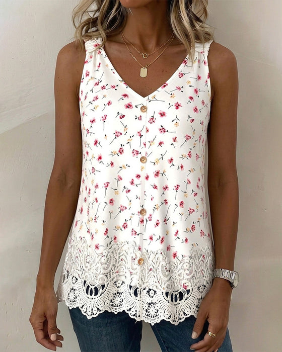Tank Top V-Hals Spagettistrap Blomstrende Blonder Patchwork