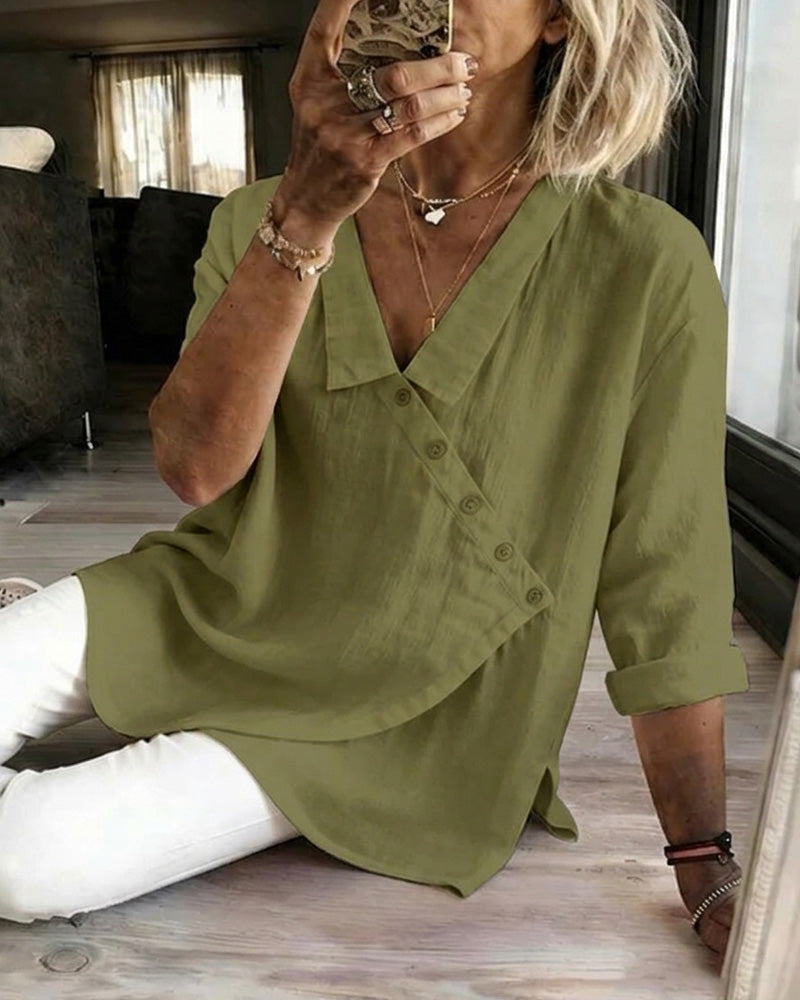 Bluse Med Asymmetrisk Diagonal Knappelukking Og Krage