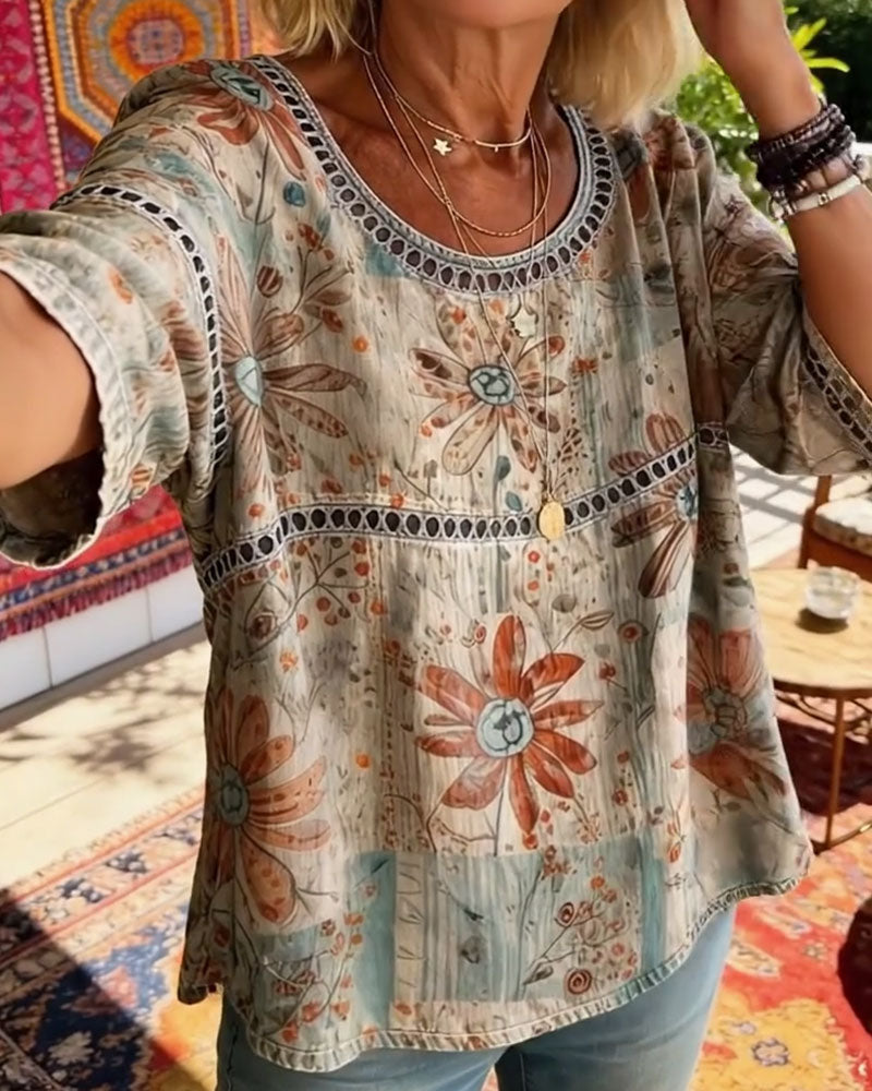 Topp Gjennombrutt Rund Hals Trykt